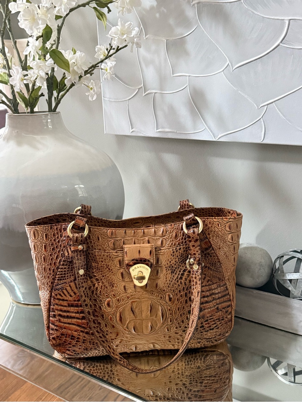 Brahmin Croc Embossed Leather Tote Bag Brown Tan Melbourne Collection
